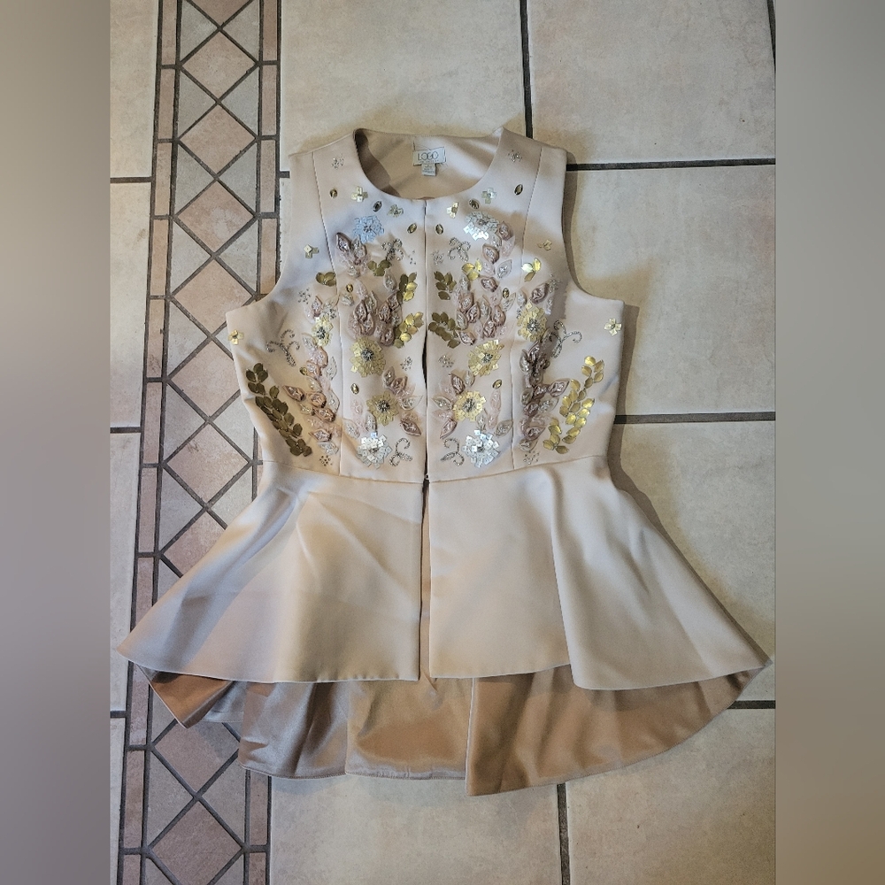 LOGO by Lori Goldstein Beige Blouse with Gold and Silver Embellishments